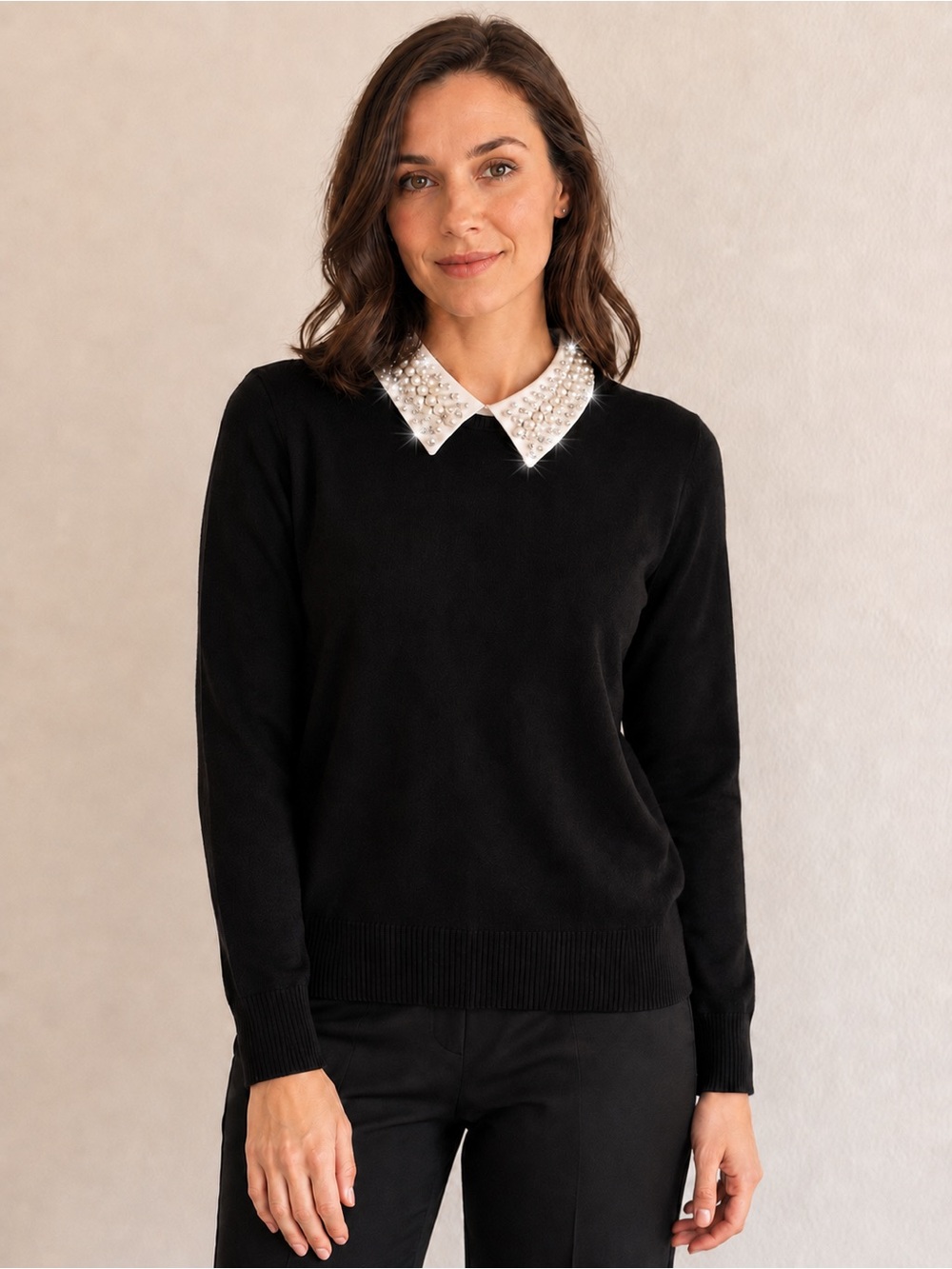 Sioni Milano Black Pearl Rhinestone Collar Sweater Women’s M